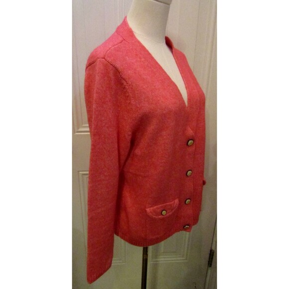 Talbots Honeysuckle Cardigan Flap Pockets V Neck Coral Button Front Sweater Sz L - Picture 4 of 9